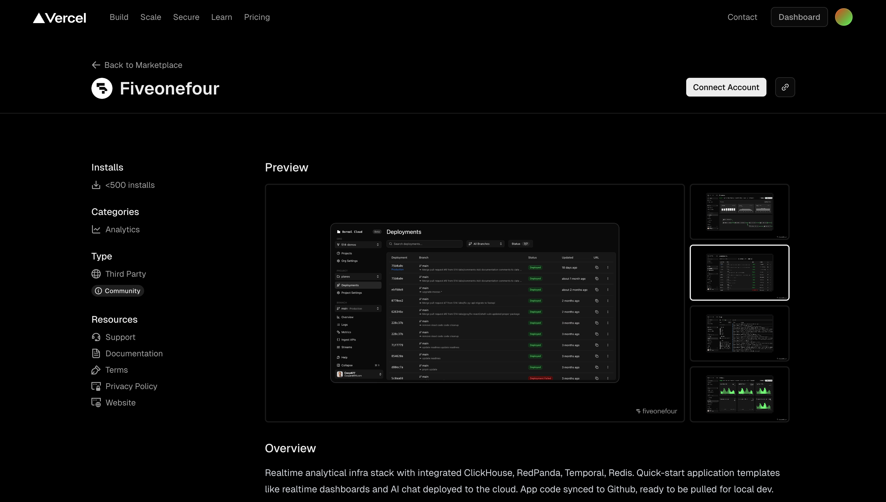 Vercel marketplace integration for Fiveonefour